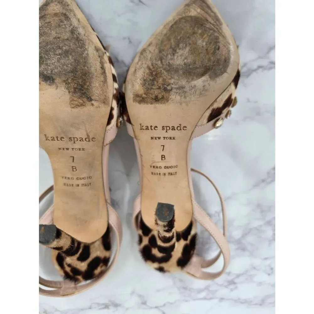 Kate Spade Lydia Calf Hair Leopard Print Rhinestone Studded T-Strap Pumps Heels